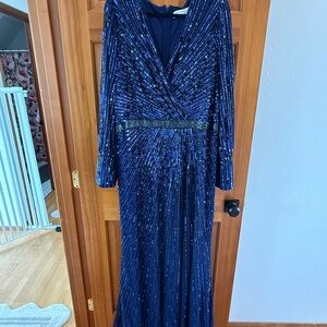Mac Duggal Navy Sequin Long Sleeve Dress